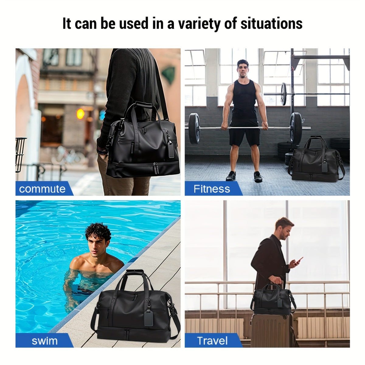 Gym Duffel Bag PU Foldable Sports Duffle with Shoe Compartment & Wet Pocket – Lightweight Weekender Travel Bag for Workout, Daily Use, Carry-On & Overnight Trips, Available in Black, Blue & Gray