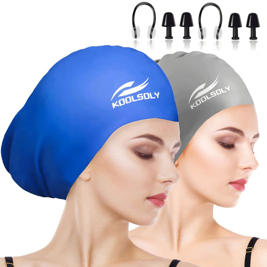 Silicone Swim Caps for Long Hair, 2-Pack with Ear Coverage, Earplugs and Nose Clip