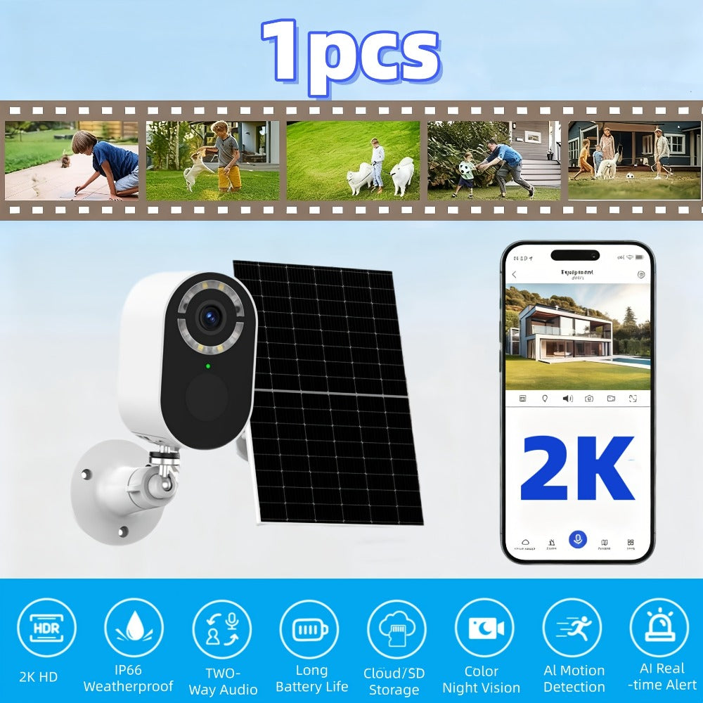 2K Solar Security Camera Outdoor Waterproof with Human Figure Alarm, Color Night Vision, 2-Way Audio, Low-Power WiFi Monitoring – Indoor Outdoor Pet Baby Surveillance Camera, 2.4G Wi-Fi