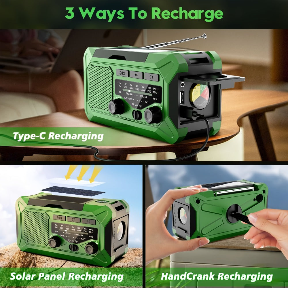 Emergency Radio Hand Crank Solar USB 3-Way Charging AM FM with 10000mAh Power Bank, SOS Alarm, LED Flashlight, Reading Light, Thermometer, Compass for Family Home Survival Kit