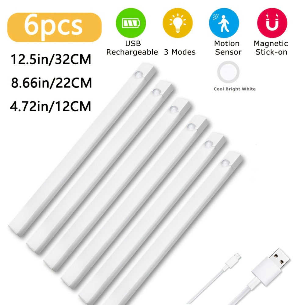 Motion Sensor Cabinet Light 6 Pack Wireless - USB Rechargeable 800mAh LED Night Light, 3 Brightness Modes, Adhesive Mount for Kitchen, Bedroom, Stairs, Closet, Hallway & Home Office