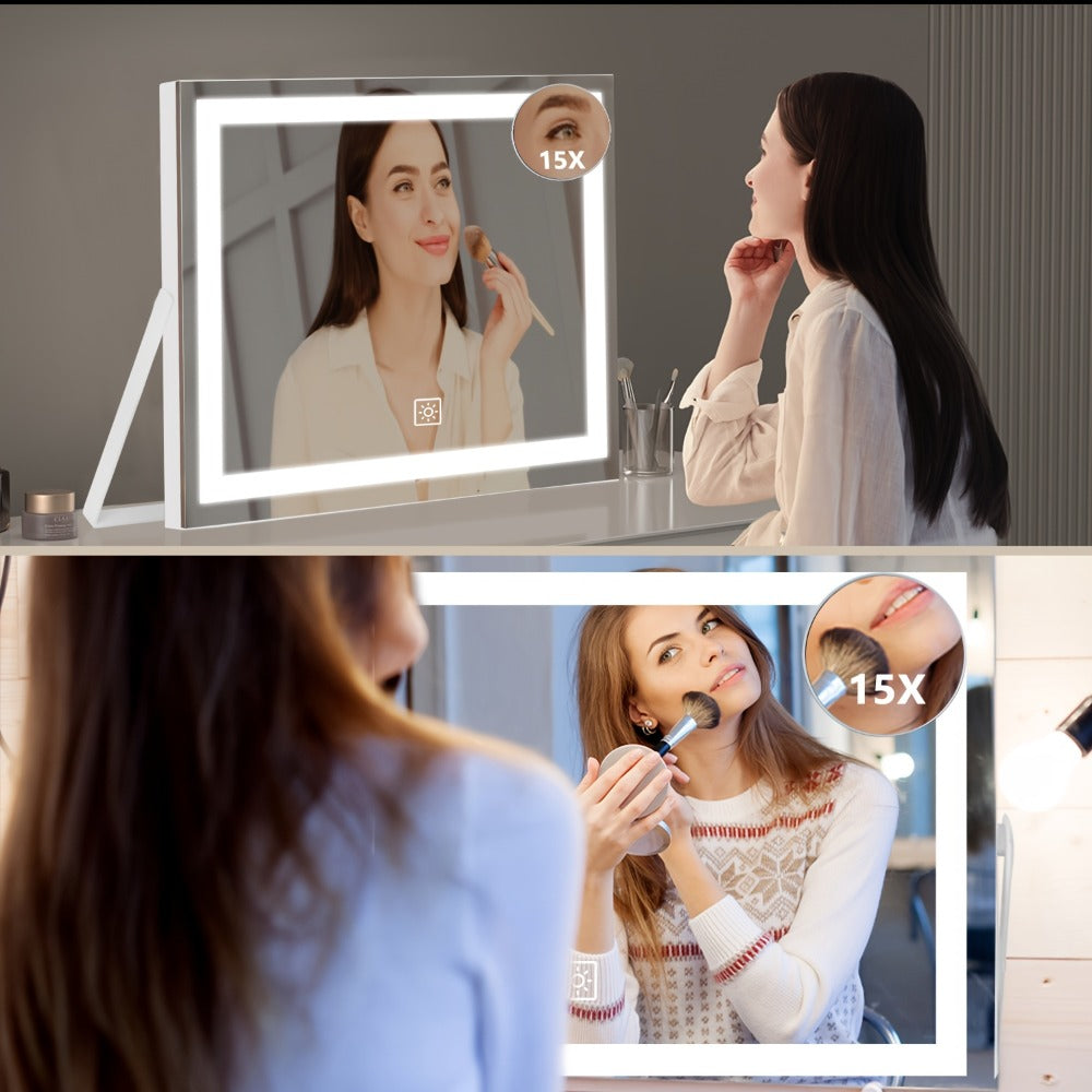 LED Vanity Mirror with Lights & 15X Magnifier – 3 Color Temperature Modes, Smart Touch Adjustable Brightness, 360° Rotation Makeup Mirror for Bedroom Bathroom Dressing Table, Gift for Women Girls