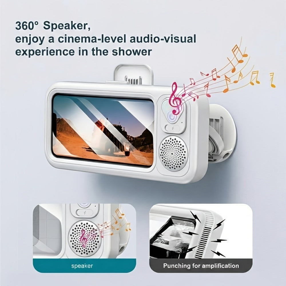 Shower Phone Holder with Bluetooth Speaker Built-In, 360-Degree Rotation Waterproof Mount, Universal Fit for All Phones, Hands-Free Music & Calls, Suction Cup Adheres to Any Surface – Bathroom Shower Caddy Accessory
