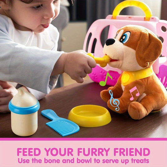 Interactive Plush Dog Toy Set with Carrier, Music, Lights and Sounds