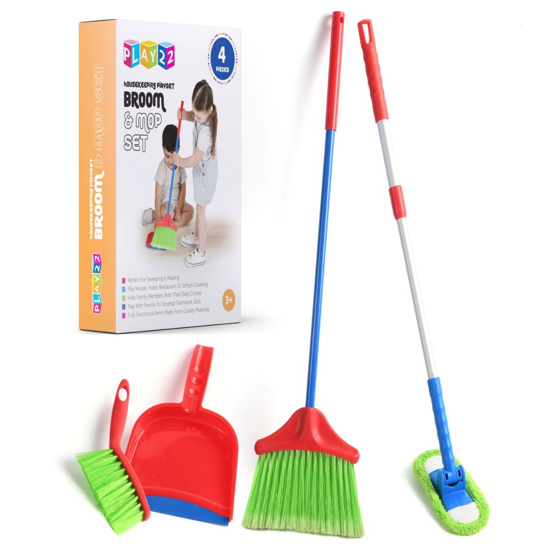 Kids Cleaning Toy Set, 4 Pieces with Broom, Mop, Brush & Dustpan