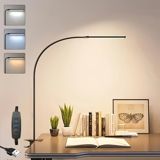 Clip-On LED Desk Lamp Flexible Gooseneck USB Powered – 3 Color Modes 10 Brightness Levels Swing Arm Clamp Light for Home Office Study Reading Crafts Gaming Bedroom – Black