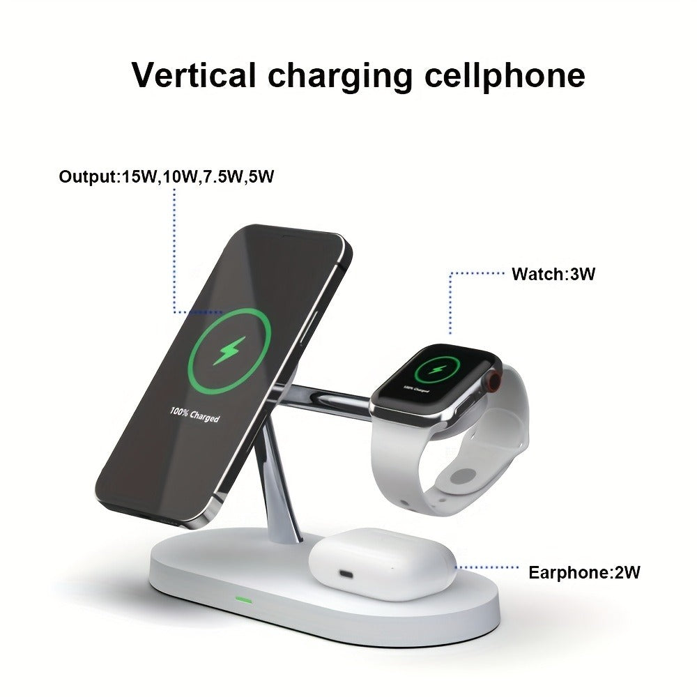 Wireless Charging Station 3-in-1 QC3.0 Adapter Included Magnetic Fast Charger Stand for iPhone 15 14 13 12 11 Pro Max Mini XR XS X SE 8, Apple Watch Series 1-9 Ultra, AirPods 4 3 2 Pro – White Black