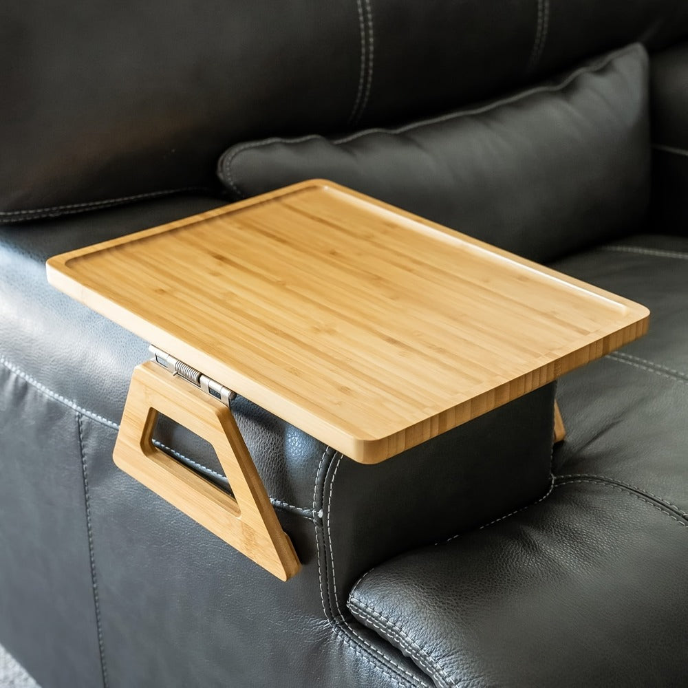 Bamboo Sofa Arm Tray with Folding Legs – Clip-On Couch Armrest Table for Snacks Drinks Remote Control Living Room Bedroom Breakfast Tray Natural Rectangular