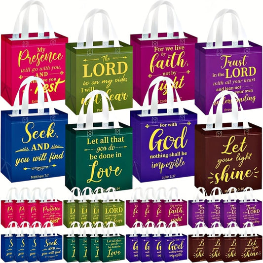 Bible Verse Gift Bags with Handles, 8 Assorted Colors, 32- or 64-Pack Non-Woven Bags