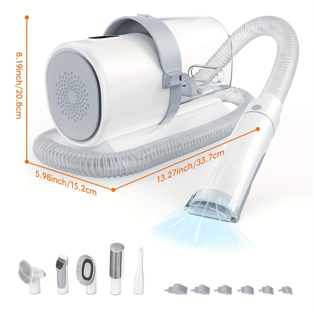 Pet Grooming Vacuum Kit 5-in-1 Professional Clippers 99% Hair Suction 6 Guide Combs Multifunctional Dog Cat Grooming Tools White Blue Grey