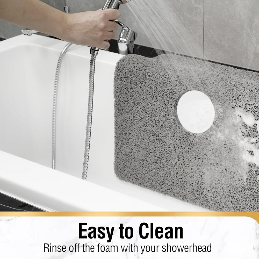 Non-Slip Shower Mat PVC Loofah Bath Mat with Drain Holes – Quick-Dry Square Bathtub Floor Mat, No Suction Cups Needed, Soft Cushioned, 24x24 Inch, Grey/White/Beige