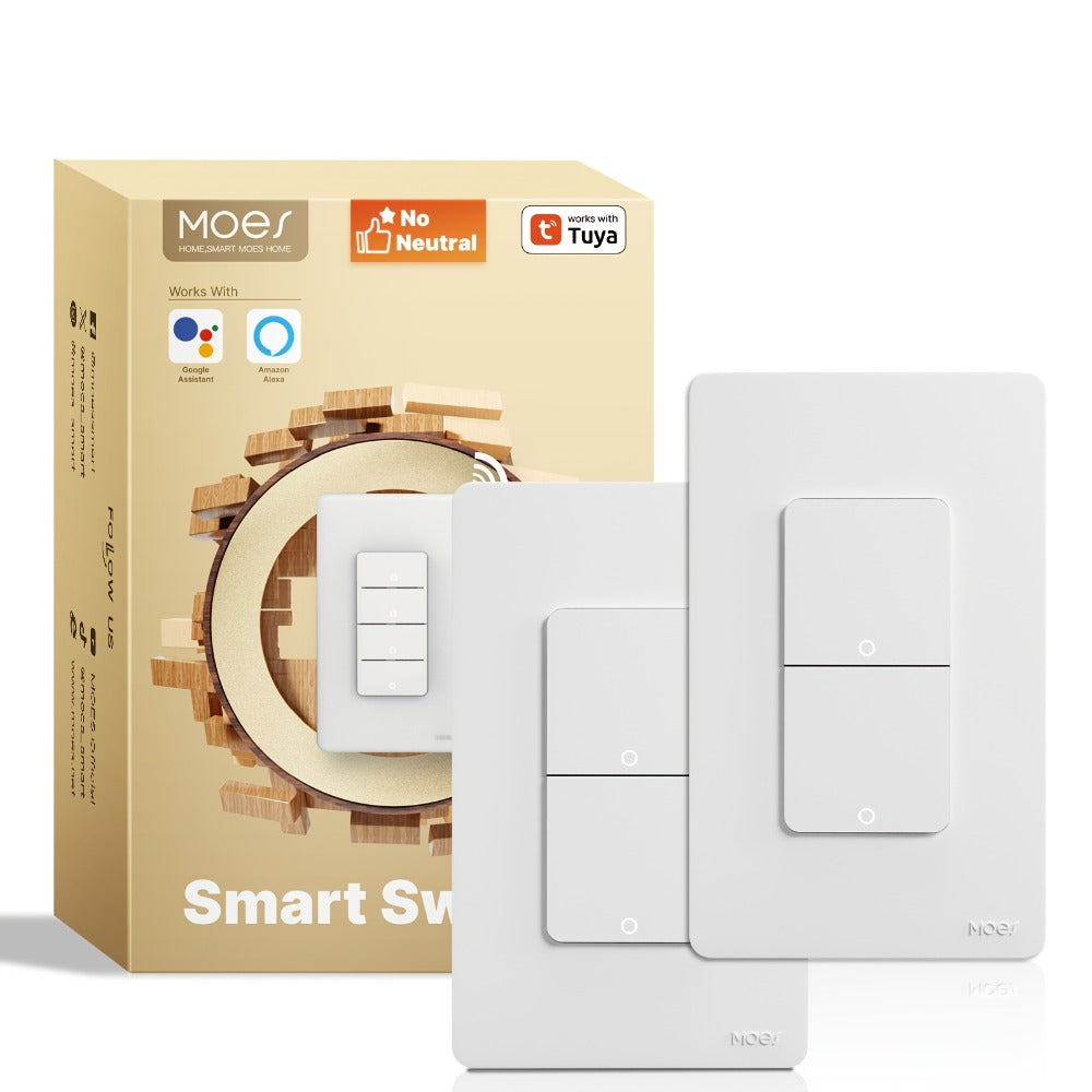 No Neutral Wire WiFi Smart Light Switch MOES 1/2/3/4 Gang Single Pole, Works with Alexa & Google Assistant, No Hub Required, 2.4GHz App Control, 110V – 2 Pack Smart Home Lighting Switch