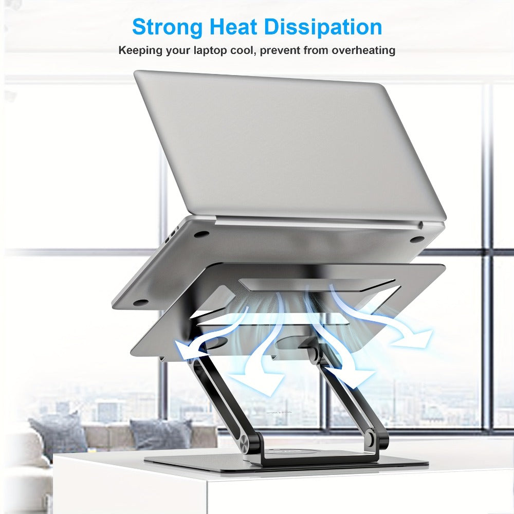 Adjustable Ergonomic Laptop Stand, 360° Rotating Base, Foldable Iron Desk Stand for MacBook Pro/Air & Notebooks up to 17 Inch, Portable Workspace Enhancer – Silver/Black