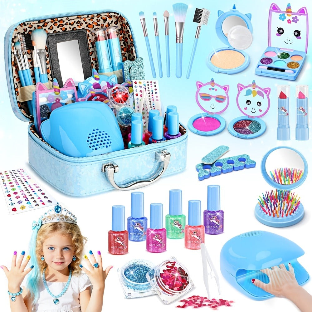 Kids Makeup Set for Girls – 2-in-1 Princess Makeup & Nail Art Kit with Mini Dryer & Accessories