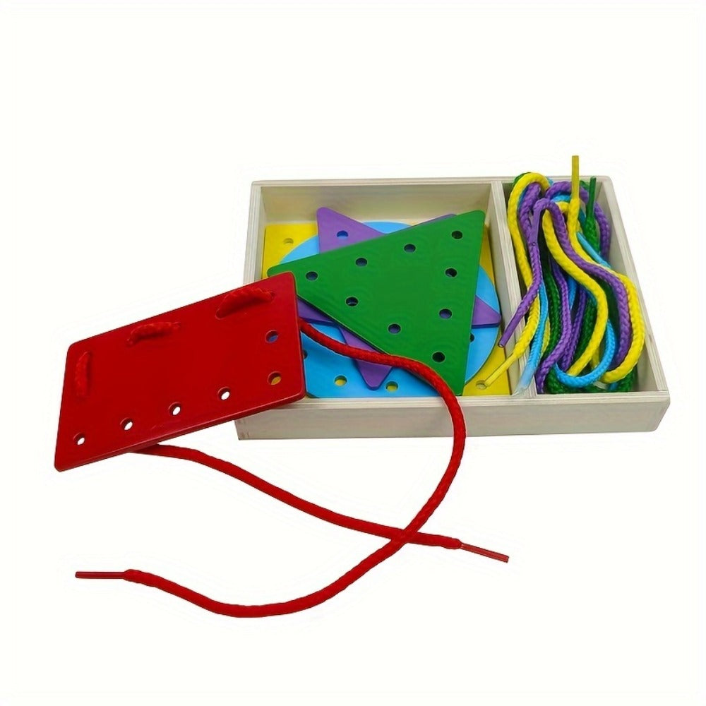 Montessori Wooden Lacing Cards for Toddlers – 5-Piece Double-Sided Threading Shapes in a Box, Fine Motor Skills Activity Toy for Preschool Kids, Travel Learning Toy & Educational Gift for Boys & Girls