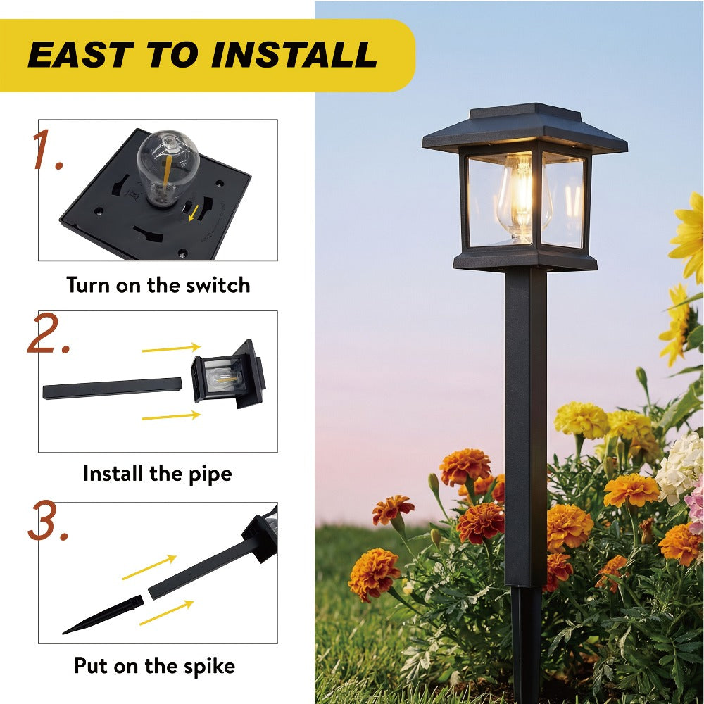 Solar Pathway Lights Outdoor Edison Style LED – Up to 12 Hours Auto On/Off IP44 Waterproof | Warm White Solar Garden Lights for Yard, Driveway & Walkway | Black & Brown Upgraded Stake Lights