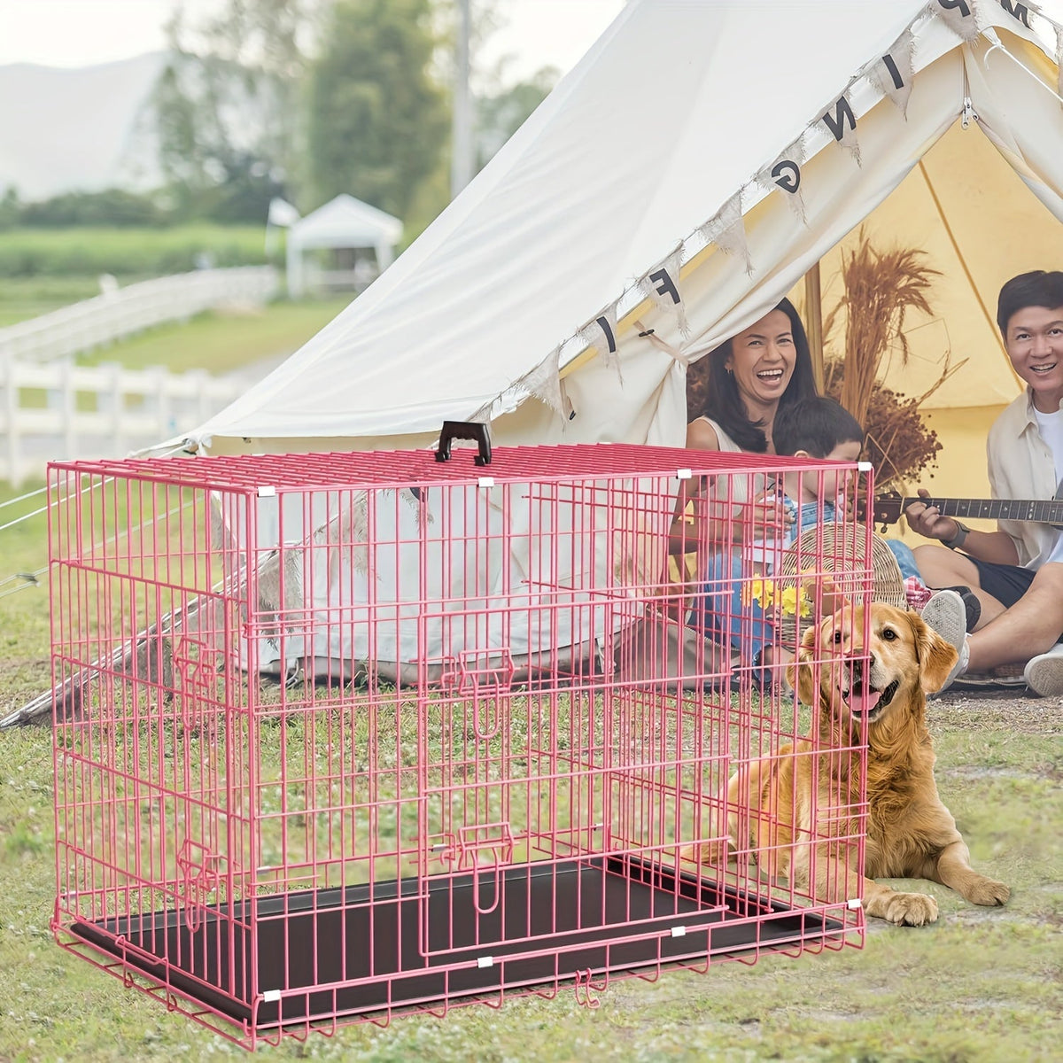 Dog Crate Double Door Folding Metal Cage with Divider & Leak-Proof Tray – 42 & 48 Inch Wire Kennel for Puppies, Medium & Large Dogs, Portable Indoor Outdoor Pet Crate, 3 Colors
