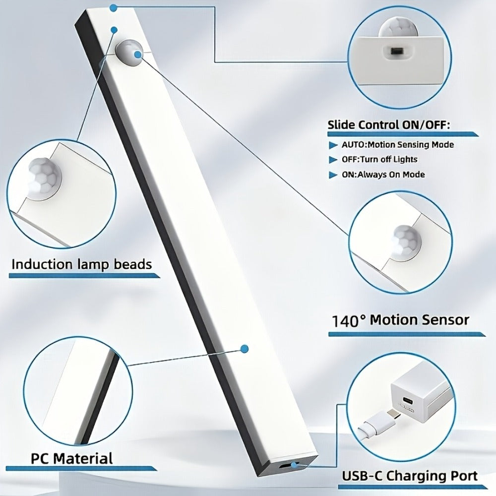 Rechargeable Motion Sensor LED Night Light 6 Pack - 400mAh USB, 3 Brightness Levels, Wireless Stick-On Bar for Cabinet, Stair, Bedroom, Kitchen & Hallway (3.94" / 7.87" / 11.8", 3 or 6 Pack)