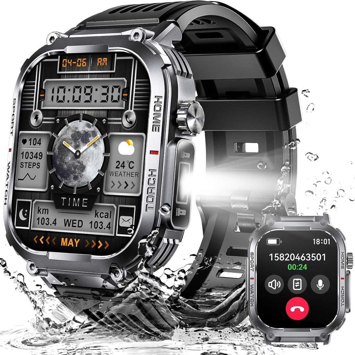 Smart Watch for Men with Call Function, IP68 Waterproof Outdoor Smartwatch 2.02" LED Flashlight, 400mAh Battery, Compass Pedometer Calorie Pressure Monitor Fitness Tracker for iPhone Android