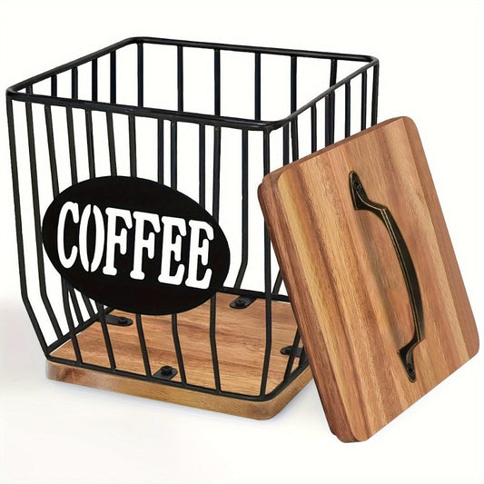 Coffee Pod Holder with Lid and Wood Base, Black Metal Square Countertop Organizer