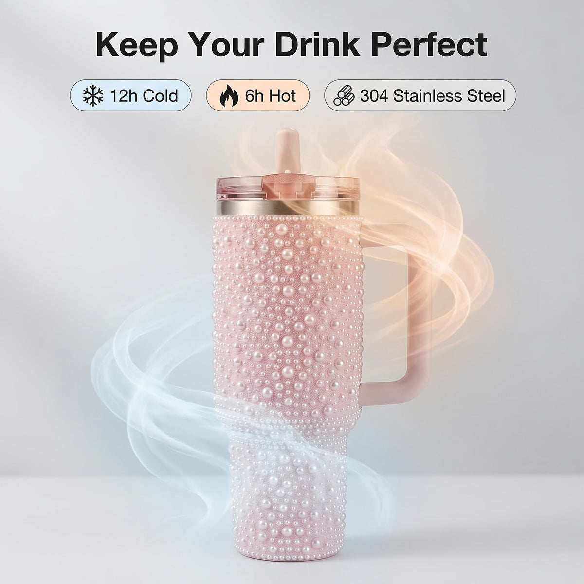 40oz Rhinestone Tumbler with Handle and Straw – Stainless Steel Double Wall Insulated Cup | Pearl Glitter Travel Mug for Sublimation Outdoor Sports Camping Holiday Gift