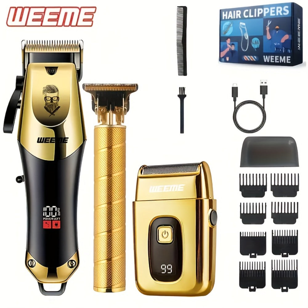 USB Rechargeable Hair Clipper Set for Men — WEEME Electric Razor & T-Blade Trimmer Kit with 8 Limit Combs, 2/3-Piece in Golden, Blue & Black, Valentine's Day & Birthday Grooming Gift