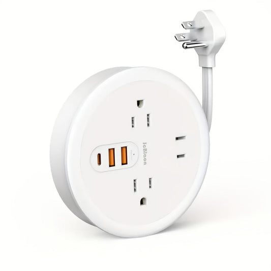 Travel Power Strip Retractable 4ft Flat Plug Extension Cord 3 Outlets 3 USB Ports 2 USB-C Compact Charging Station for Dorm Office Home Desk Travel