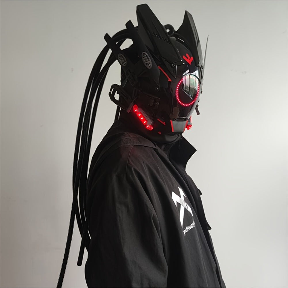 LED Cyberpunk Samurai Mask with Braids – Futuristic Sci-Fi Mechanical Face Mask for Halloween, Cosplay, Music Festival & Rave Party, Blue Green Pink, Free Helmet Included, Adult Gift