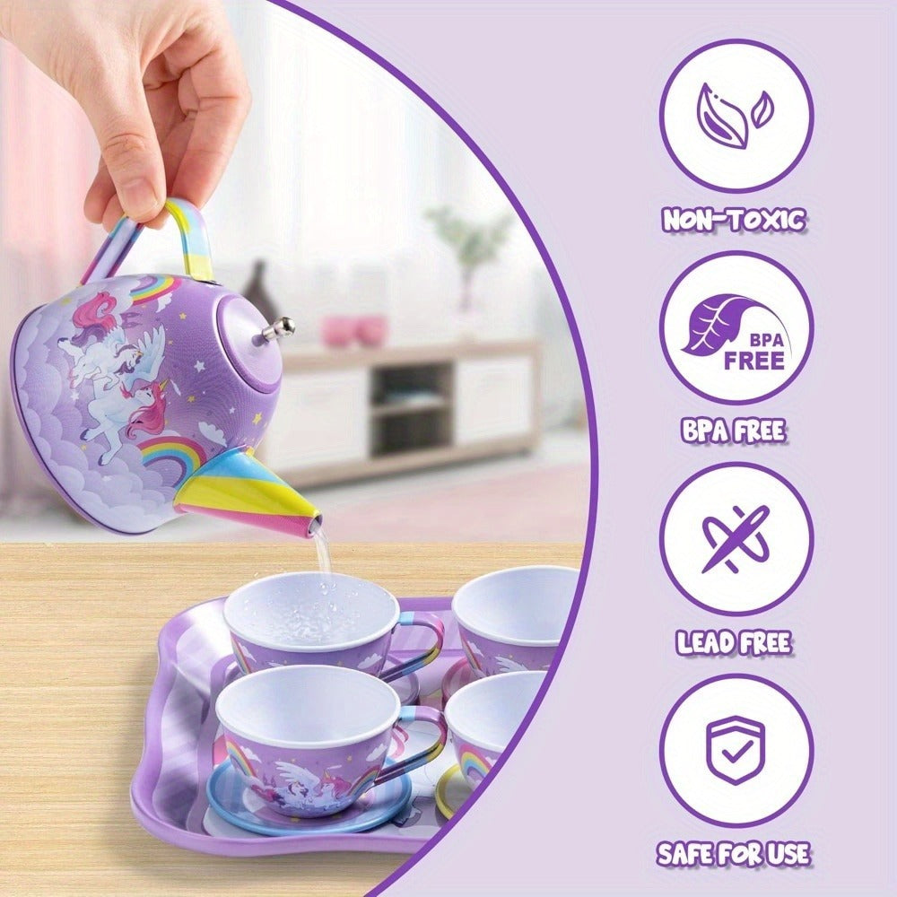 Purple Unicorn Pretend Play Tea Set with Teapot, Cups and Storage Case