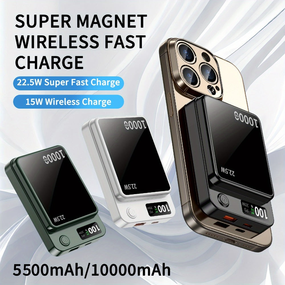 Magnetic Wireless Power Bank 10000mAh MagSafe Compatible 22.5W USB-C Fast Charging with LED Display – Portable Snap-On Battery Pack for iPhone 16 15 14 13 12 Series & Android Smartphones