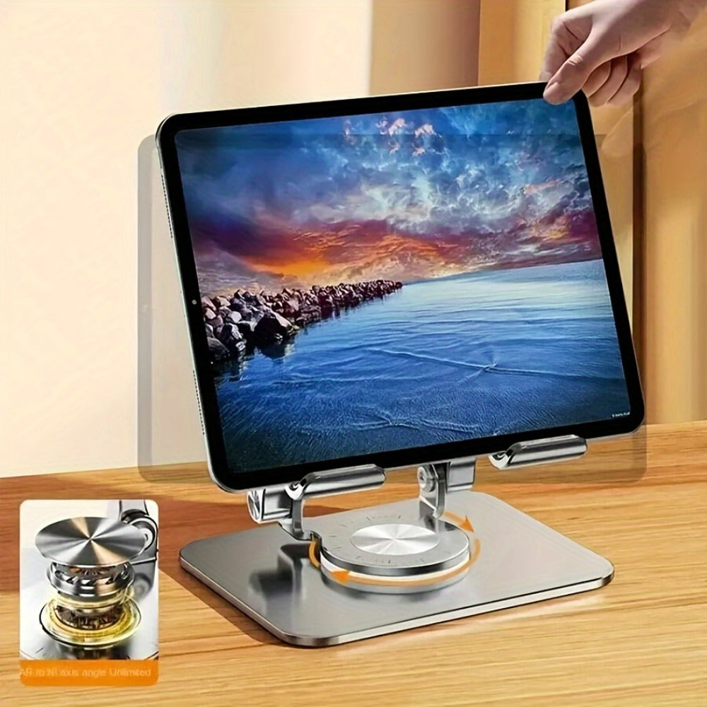 360° Rotating Foldable Tablet Stand for iPad & Phone, Adjustable Desktop Holder, Universal Compatibility – Black/Silver