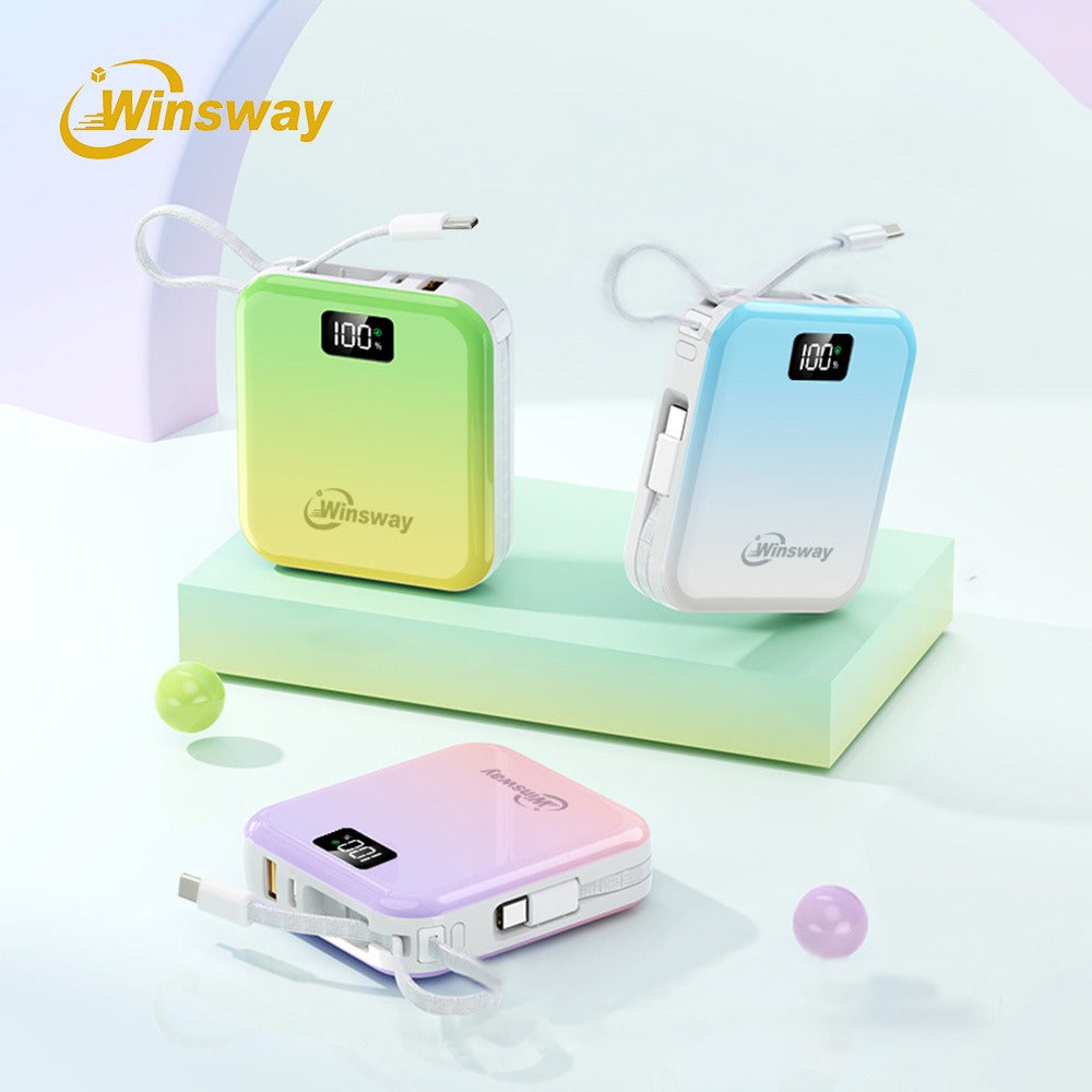 Mini Compact Power Bank 10000mAh Winsway 22.5W Fast Charging – Built-in Dual Cables USB-C & USB-A, Gradient Design, LED Display, Ultra-Lightweight Portable Charger for Travel Boarding Outdoor Gift