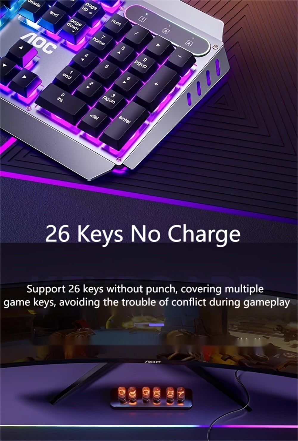 LED Backlit Wired Gaming Keyboard 104 Keys Full Size – Quiet Ergonomic Design, Adjustable Volume Knob, USB Powered, Compatible with Desktop and Laptop Computers, Office and Home Use