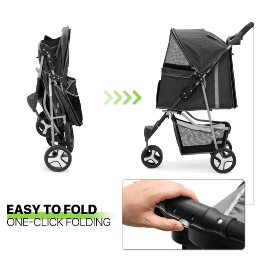 Pet Stroller for Dogs & Cats up to 33 lb, Foldable 3-Wheel Design with Rear Brakes