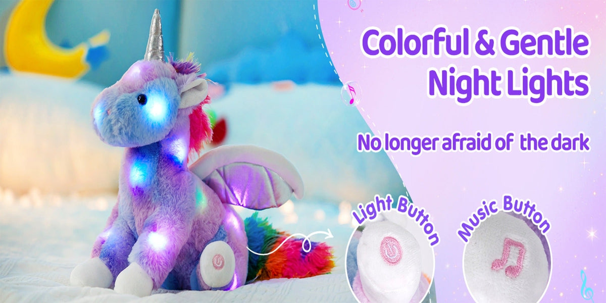 Glowing Unicorn Plush Toy with Optional Music in Two Styles