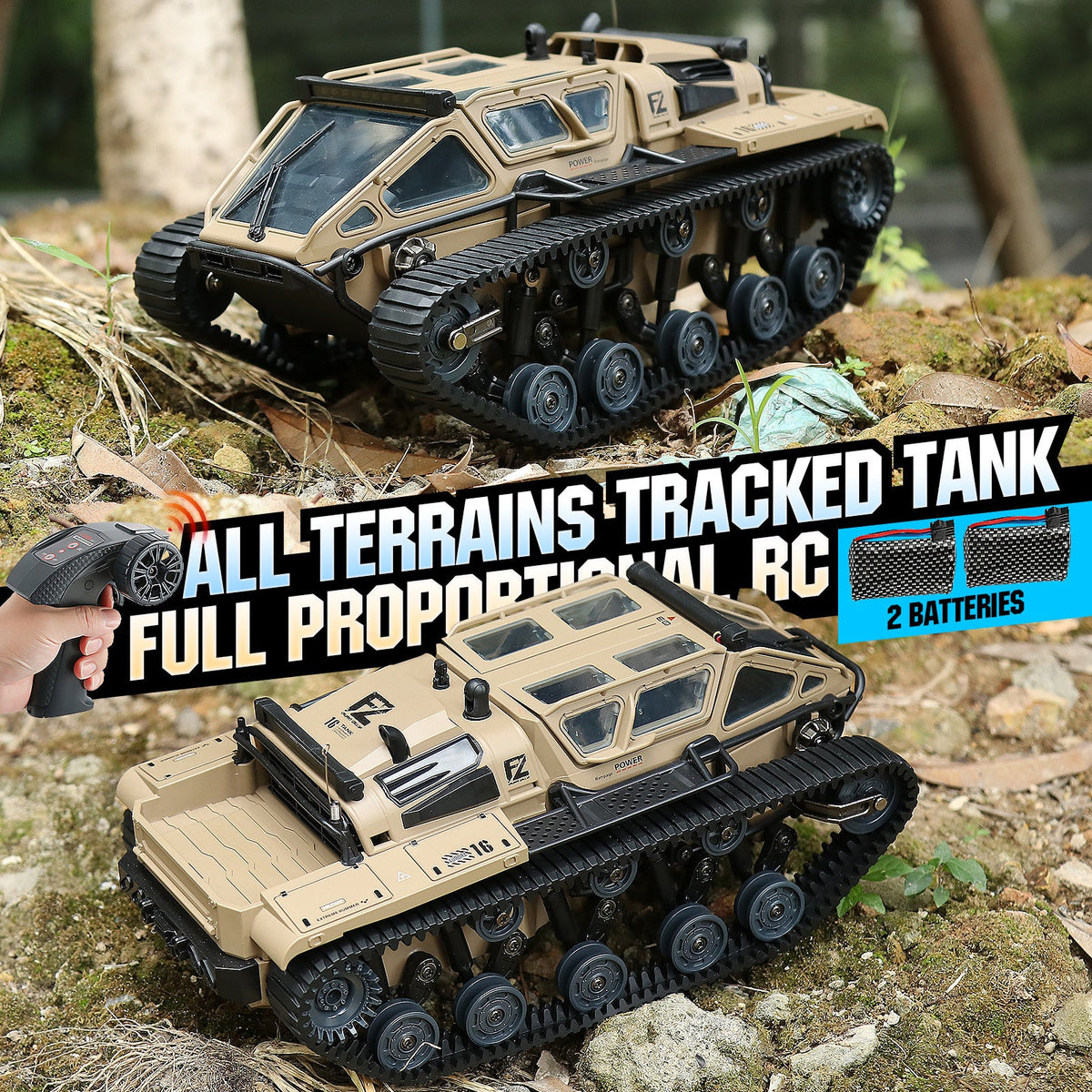 Full-Proportional RC Tracked Tank with LED Lights, Alloy Body Military Vehicle, Grey or Brown