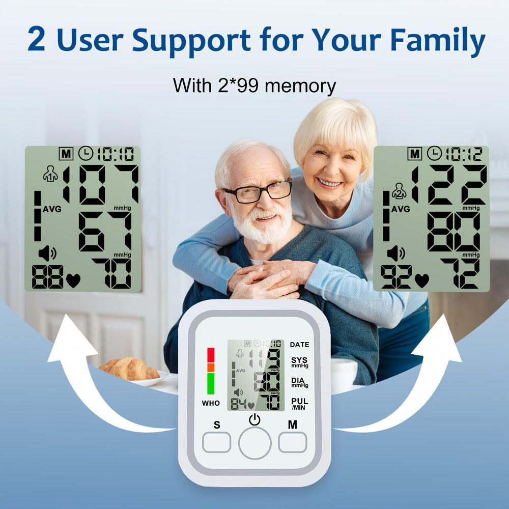 Upper Arm Blood Pressure Monitor – Large LCD, Voice Broadcast, Heart Rate & Irregular Heartbeat Detection, 2×99 Memory, 8.7–14.2" Adjustable Cuff, One-Touch Operation for Seniors & Pregnant Women