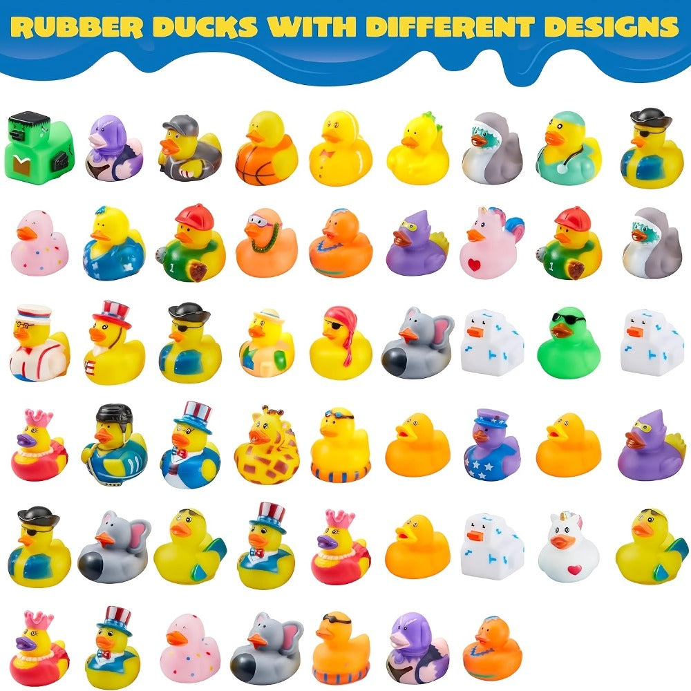 30 Pack Mini Rubber Ducks Assorted with Mesh Bag – 2" Floating Bath Toys for Kids, Variety Zoo Animal Unicorn Pirate Designs, Baby Shower Party Favors, Birthday Gifts for Boys & Girls