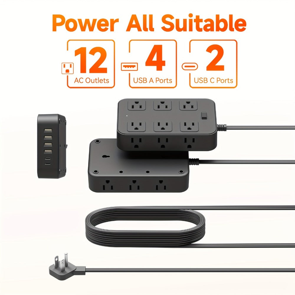 Wide Outlet Surge Protector Power Strip 18-in-1 with 12 Widely Spaced AC Outlets 4 USB-A 2 USB-C Ports Safe Portable Desktop Charging Station for Home Dorm Office Travel Essentials – Black & White