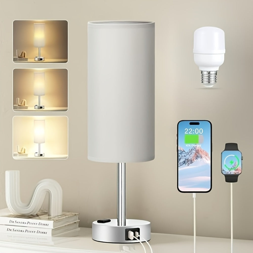 Bedside Table Lamp with USB-C Charging Port – 3-Way Dimmable Touch Lamp, Wood Base Round Burlap Shade, Small Nightstand Desk Light with AC Outlet & A19 LED Bulb Included for Bedroom Living Room Office