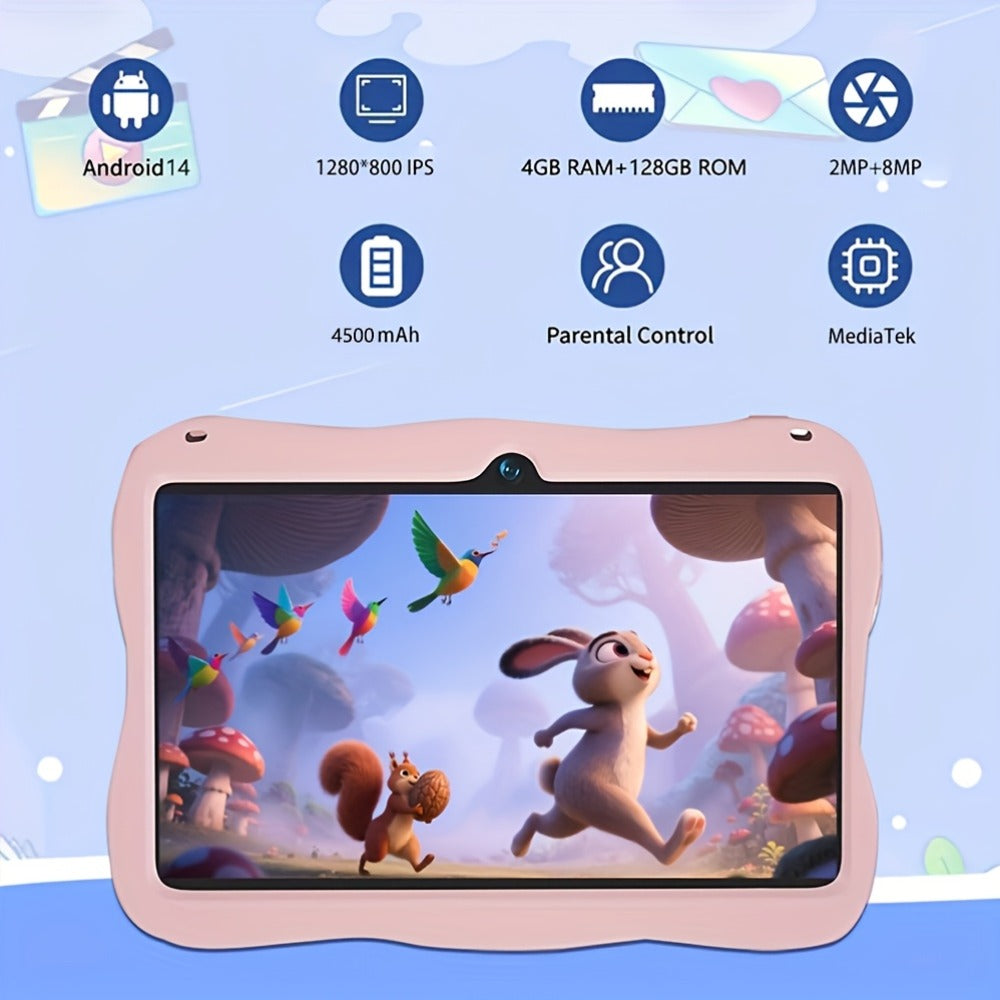 GMS Certified Kids Tablet 7 Inch Android 14 4GB RAM 128GB ROM Eye Protection Screen 5G WiFi Shockproof Case Dual Camera Parental Controls Educational Apps Learning Tablet for Children Teens Blue
