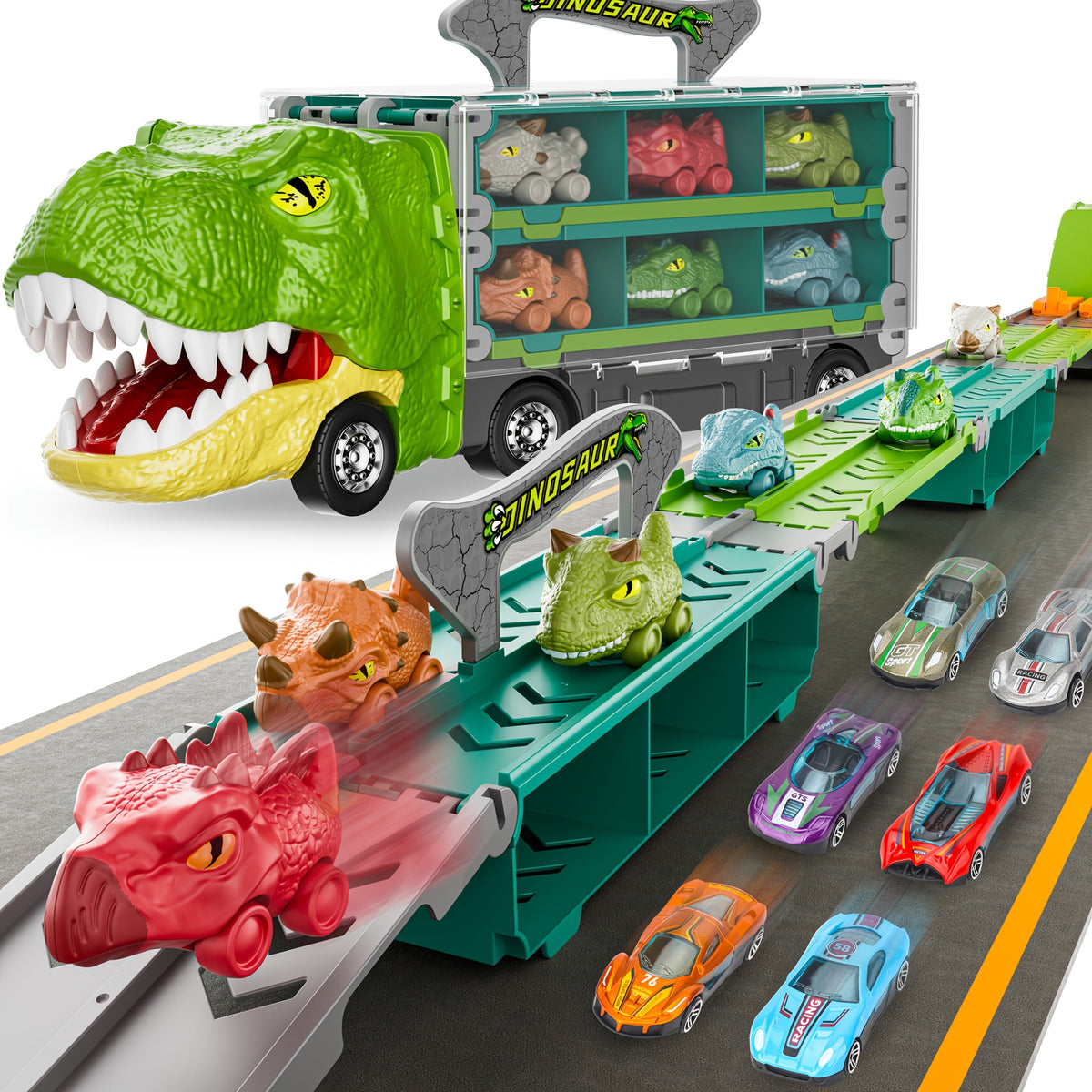 Dinosaur Truck Toy Carrier with 63-Inch Foldable Race Track, 13-in-1 Set with 12 Cars & 2-Player Racing