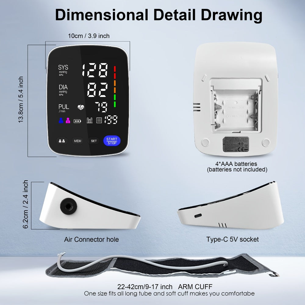 Upper Arm Blood Pressure Monitor - ALPHAMED U82RH Automatic BP Monitor, USB Powered, 8.7-17" Cuff, 2×199 Memory, LED HD Curved Screen, Intelligent Design for Elderly & Family Home Use