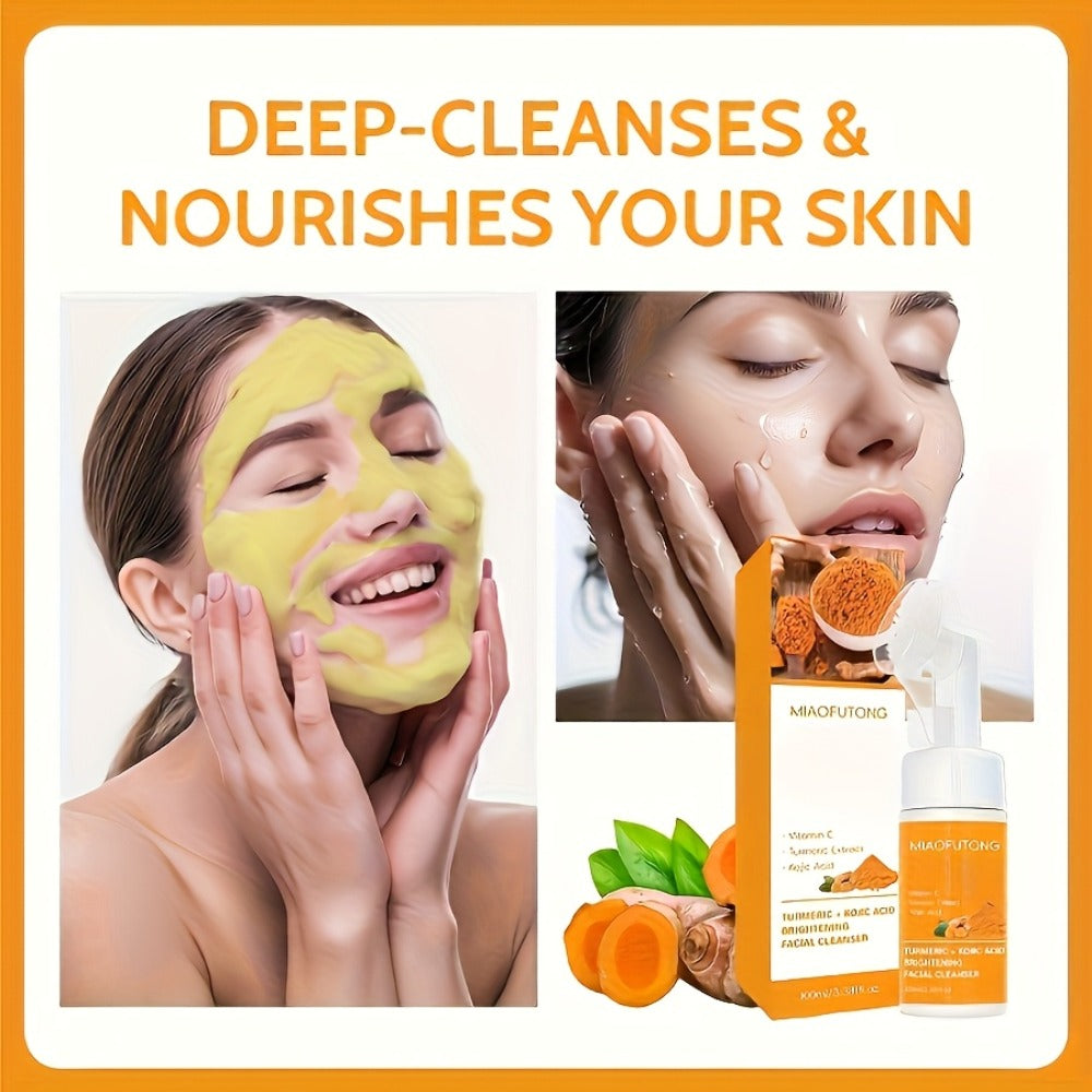 Turmeric Bath & Skin Care Set 3-Piece — Brightening Mousse, Soap & Oil for Hair, Face & Body, Gentle Moisturizing Cleanser Gift Set for Women All Skin Types