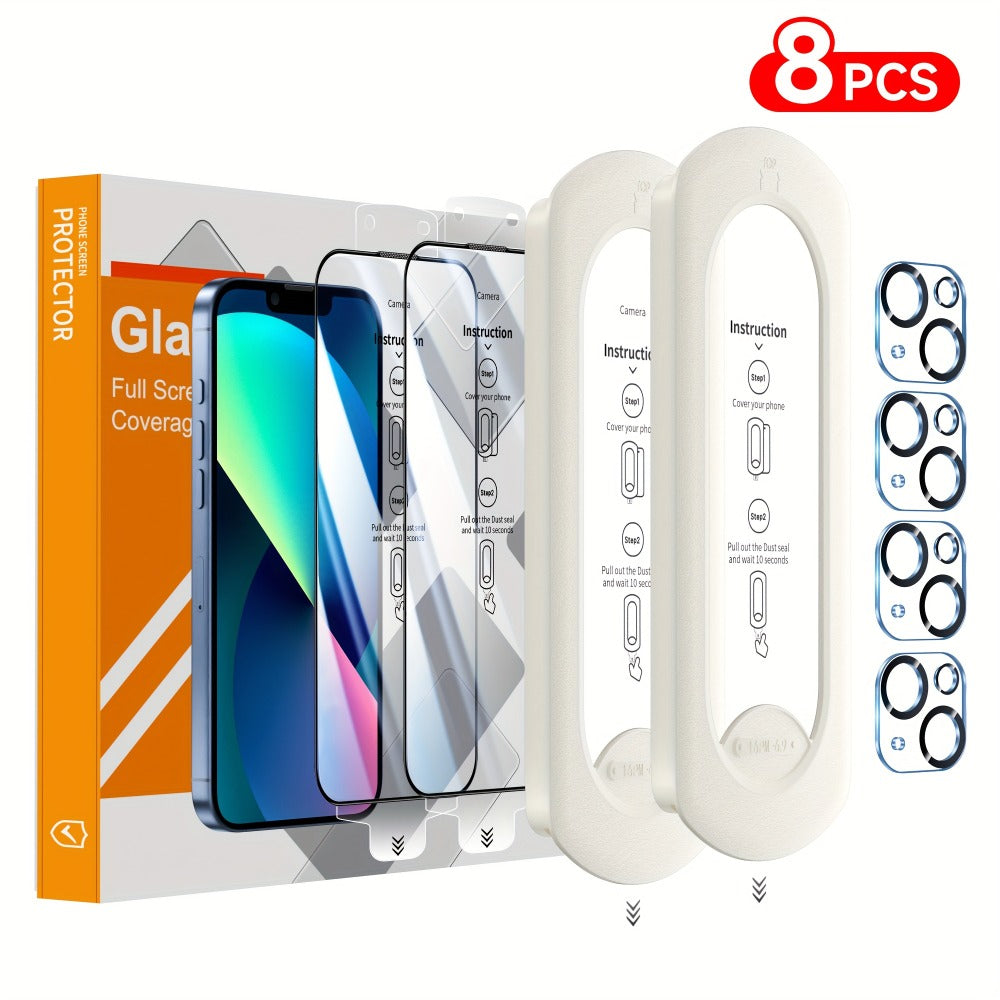 9H Tempered Glass Screen Protector for iPhone 8-Pack with Alignment Tool – 4 Screen + 4 Camera Lens, HD Clear, Bubble-Free, Case Compatible, iPhone 16 Pro Max / 15 / 14 / 13 / 12 / 11 Series