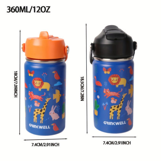 Insulated Stainless Steel Cup with Straw, Handle and Cartoon Designs