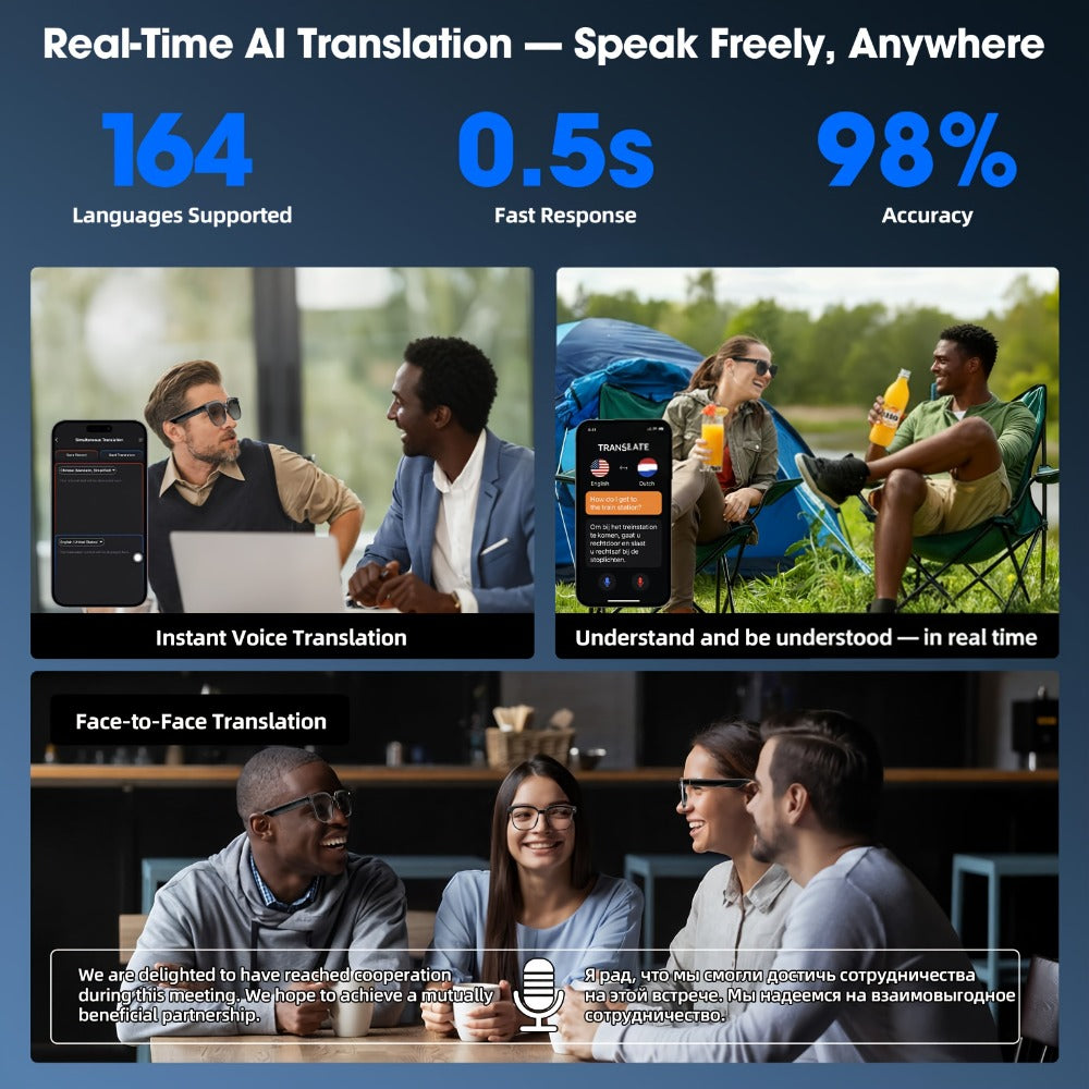 AI Translation Glasses with Camera 8MP HD Video & Photochromic Lenses – Voice Assistant | Object Recognition | Hands-Free Music & Calls | Wireless Smart Eyewear for Travel Business Daily Use | Tech Gift