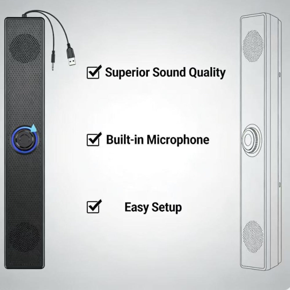 USB Wired Computer Soundbar Speaker for PC Desktop Laptop Monitor, Stereo Surround Sound Bar with Knob Volume Control, Plug & Play, No Battery Required, Slim Design for Home Office Gaming