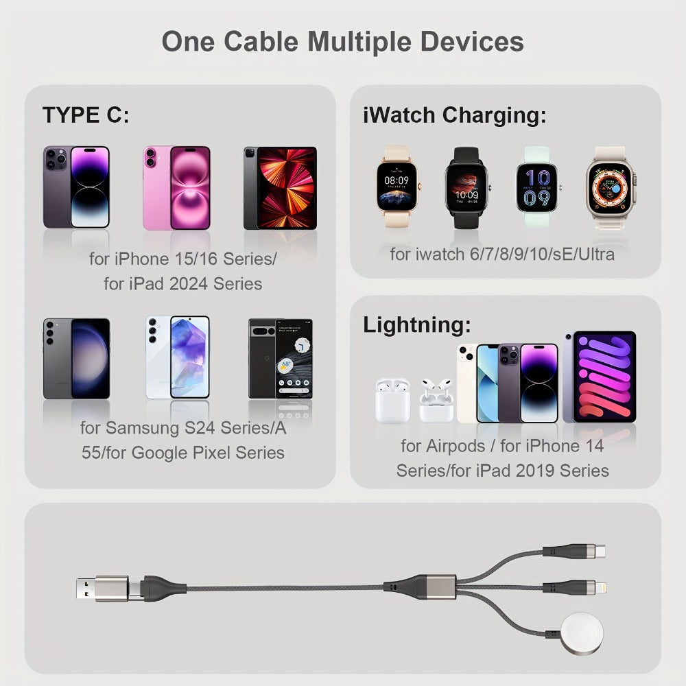 Multi Charging Cable 3-in-2 Fast Charging Set of 2, Compatible with Apple Watch Ultra Series 10 9 8 7 6 SE iPhone 16 15 14 13 12 Samsung Galaxy, USB-C & USB-A, 2FT + 4FT Portable Cord Combo