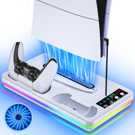 PS5 Cooling Stand with Dual Controller Charging Dock – Compatible with PS5/Slim/Pro Standard & Digital Edition, 3-Speed Fan, 10 RGB Lights & USB Hub, PlayStation 5 Gaming Accessories